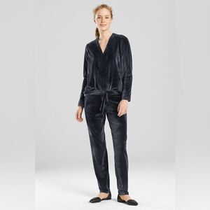 Natori Navy Velour Solid Pants L Lounge Casual Pockets Elastic Waist